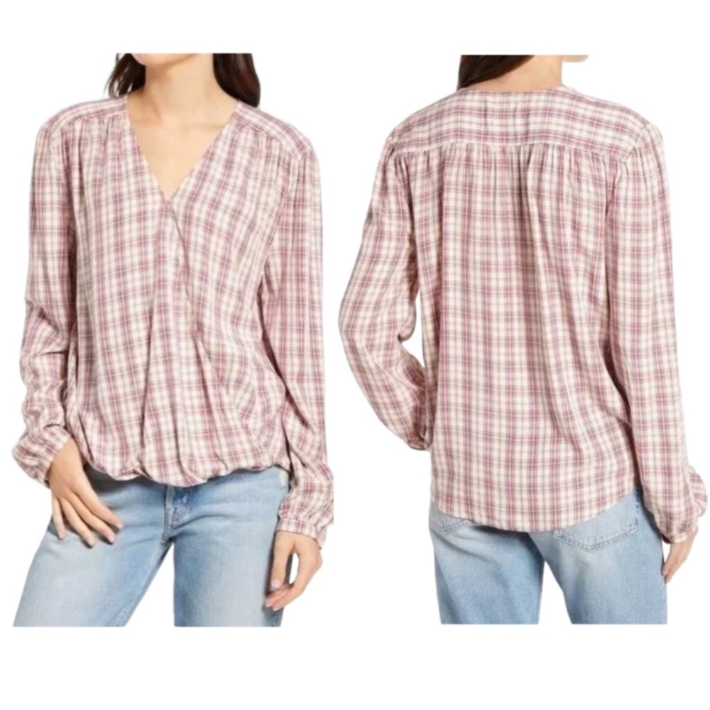 Treasure & Bond Pink Frosty Ginny Plaid Shirred Wrap Long Sleeve Top Size M